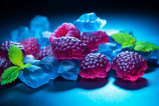 CBD gummies with blue raspberry flavor and leaf design. Generative AI