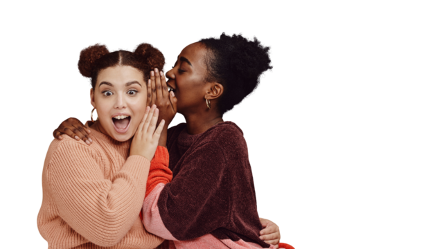 Friends, gossip and shocked woman for secret joke on png transparent background with smile on face and hug. Comic, rumor and whisper in ear, black person with happiness talking to girl with surprise