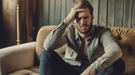 Fototapeta premium Sad unhappy handsome man sitting on the sofa and holding his forehead while having headache
