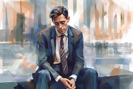 man in suit, sitting in business district, mental health suffering, anxiety.