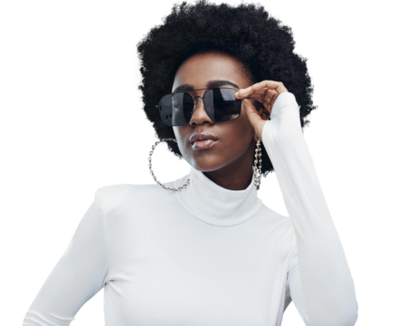 Fashion, glamour and black woman with sunglasses isolated on transparent png background for beauty, luxury or style. Portrait, designer brand glasses and girl with serious face, frame and confidence.