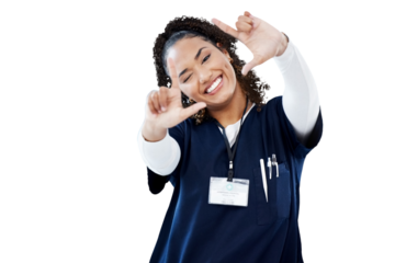 Woman, doctor portrait and hand frame for medical photography, social media and happy healthcare. Young african nurse or ADN student with picture sign or emoji isolated on transparent png background