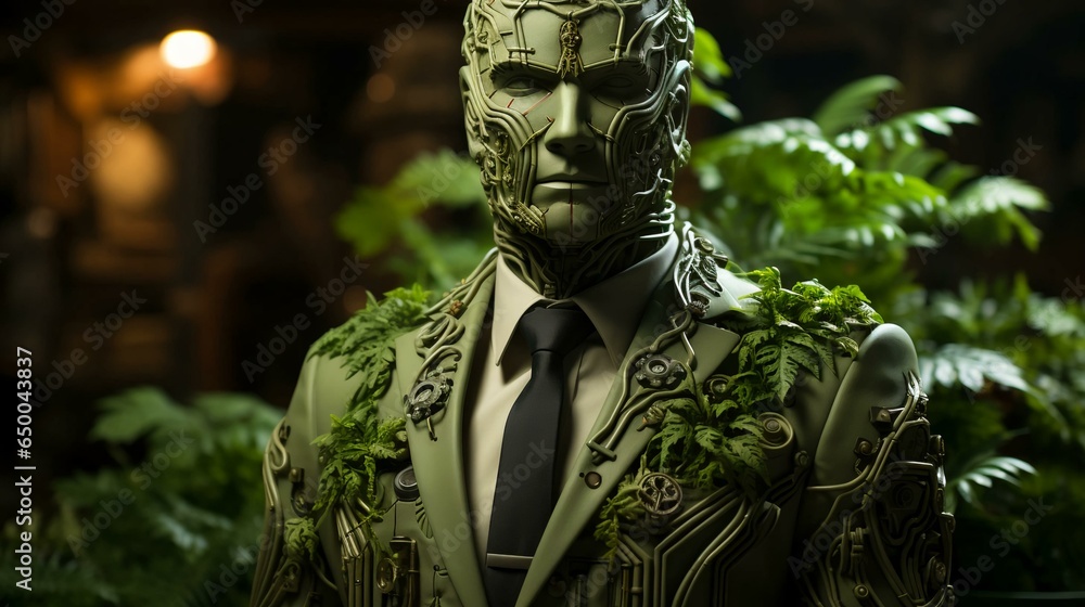 Poster green eco-friendly high-tech futuristic computer robot in connection with nature. the concept is an 