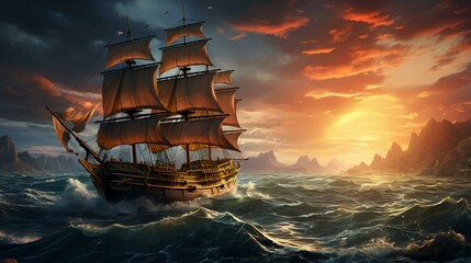 An old sailing ship with high masts that uses a sail and the power of the wind for movement floats on the sea with waves