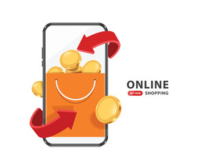 Gold coins or dollars coins float into an shopping bag on smartphone and red arrow spins around it