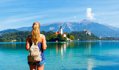 Traveler woman in Slovenia- Bled lake, Europe