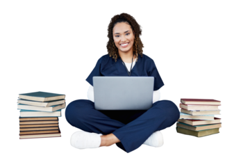 Doctor, woman and laptop for healthcare research, studying and university books and happy education. Medical portrait of nurse or student learning on computer isolated on transparent png background