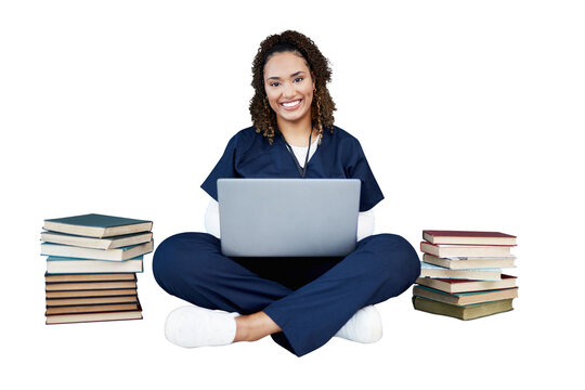 Doctor, Woman And Laptop For Healthcare Research, Studying And University Books And Happy Education. Medical Portrait Of Nurse Or Student Learning On Computer Isolated On Transparent Png Background