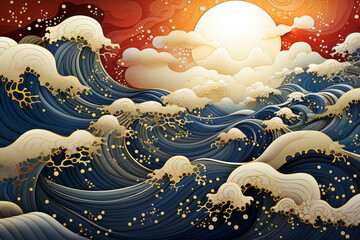太陽と波がある海のレトロな背景