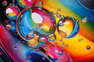 Vibrant, iridescent bubbles dance in acrylic paint. Generative AI