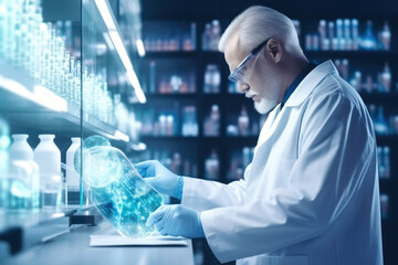 Photo of a scientist analyzing data on a computer in a laboratory