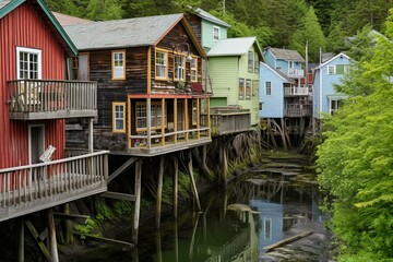 Fototapeta na wymiar A summertime view of stilted buildings along the creek in Ketchikan, Alaska from a walkway. Generative AI