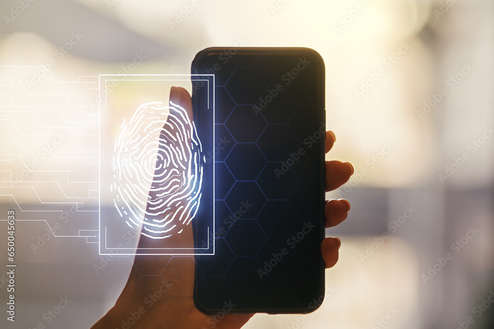 Poster abstract creative fingerprint illustration and hand with mobile phone on background, personal biomet