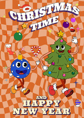 Groovy hippie Christmas poster. Christmas Tree and Blue Ball in trendy retro cartoon style