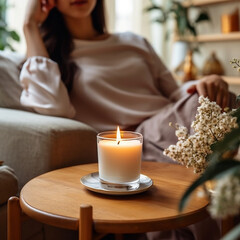  candle is placed on the table, the background is a young girl resting on the sofa with a relaxed expression