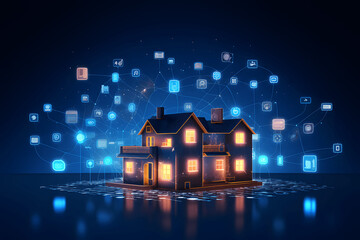 Smart home technology building concept banner consisting of numbers and connected to icons of domestic smart devices,Illustration concept of smart home control system on blue background.