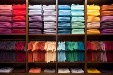 Product display shelves at a clothing store selling T-shirts. Stock and display best-selling products through shopper marketing. Concept for marketing and shop