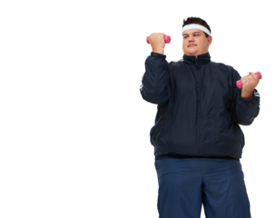 Plus size man, fitness and dumbbell training for lose weight and diet isolated on transparent png backpack. Sports person with muscle exercise, workout and challenge or motivation for body goals