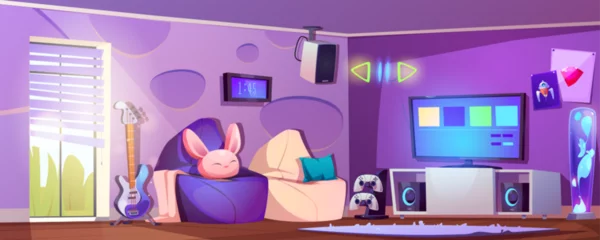 Zelfklevend Fotobehang Living room for game on tv cartoon vector background. Gamer lounge interior with screen, armchair, console, joystick for playing setup. Play esport in apartment livingroom with purple wall design © klyaksun