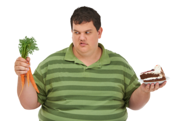 Plus size man, diet and choice with cake, carrot and thinking with food by transparent png background. Isolated person, dessert and vegetable with funny decision for nutrition, eating or lose weight