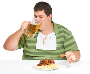 Overweight, man and alcohol or eating fast food with eyes closed and napkin isolated on a png transparent background. Hungry, person and chicken wings or fries with beer and messy calories for lunch