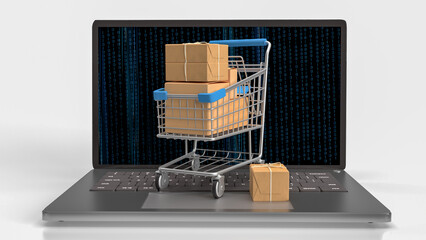 The trolley and box on notebook for e commerces concept 3d rendering