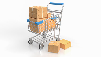 The trolley and box  for e commerces concept 3d rendering