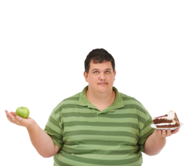 Man, apple and cake with healthy food choice and portrait for diet problem isolated on transparent png background. Dessert, green fruit and plus size model for detox decision or lose weight challenge