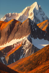Fototapeta premium Majestic Mountains in Autumn, peaks dusted with early snow, with the fiery colors of autumn. Ai generative