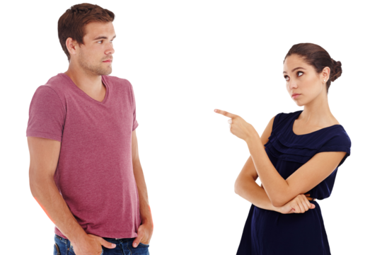 Divorce, accountability and couple fight with woman hand pointing in blame, isolated or transparent, png or background. Marriage, confrontation and female frustrated by liar, man or cheat confession