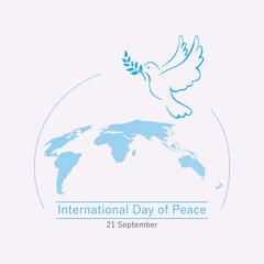 Vector illustration International Day of Peace concept of a dove flying over world map. 