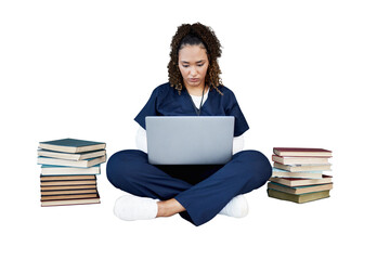 Doctor, student and laptop for healthcare research, studying and university books for education in medicine. Medical woman or nurse on computer for internship isolated on a transparent png background