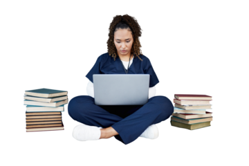 Doctor, student and laptop for healthcare research, studying and university books for education in medicine. Medical woman or nurse on computer for internship isolated on a transparent png background