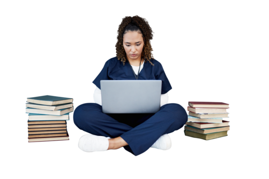 Doctor, student and laptop for healthcare research, studying and university books for education in medicine. Medical woman or nurse on computer for internship isolated on a transparent png background