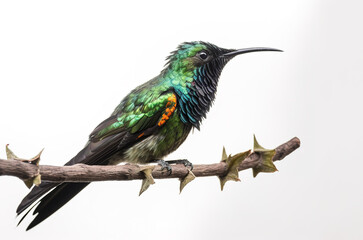 Fototapeta premium Image of horned sungem on a tree branch. Birds. Wildlife Animals. Illustration, Generative AI.