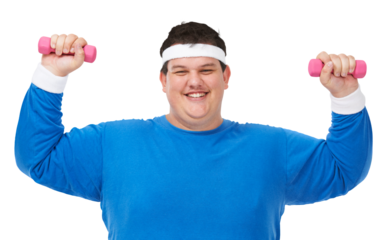 Plus size man, fitness portrait and dumbbell for lose weight, or funny training isolated on transparent png backpack. Happy face of person with muscle exercise, workout and motivation or health goals