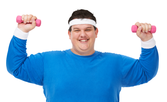 Plus size man, fitness portrait and dumbbell for lose weight, or funny training isolated on transparent png backpack. Happy face of person with muscle exercise, workout and motivation or health goals