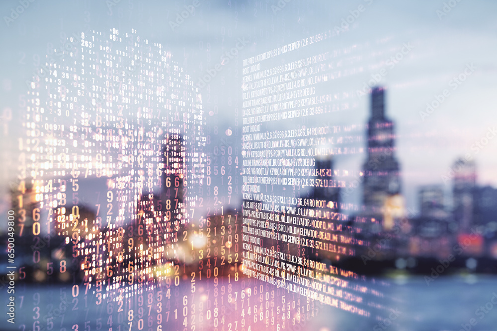 Poster abstract virtual code skull hologram on blurry skyscrapers background, cybercrime and hacking concep