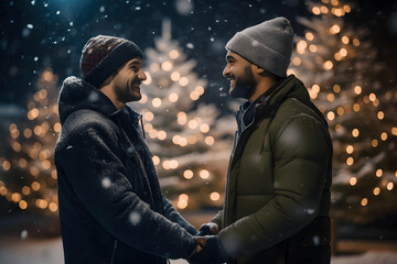Gay couple holding hands, looking at each other romantically, enjoying time together outdoors, with trees adorned with Christmas lights in the background on a snowy winter night - obrazy, fototapety, plakaty