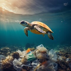 Fototapeta premium Plastic pollution in the ocean. Turtle eating plastic. Turtle swimming