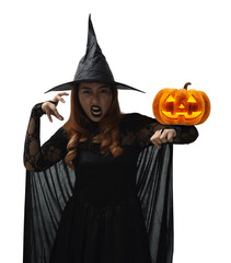 Halloween witch with pumpkin monster head