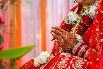 Indian Hindu bride's henna mehendi mehndi hands close up