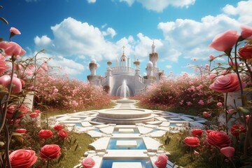 3D illustration of a maze garden with chess, a golden flamingo, red flowers, and clouds in the sky, influenced by Alice in Wonderland. Generative AI