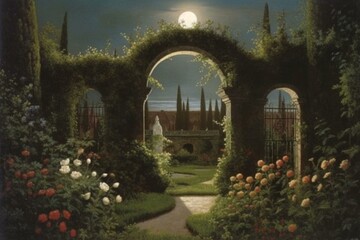 A painting depicting a garden illuminated by moonlight, featuring an archway. Generative AI