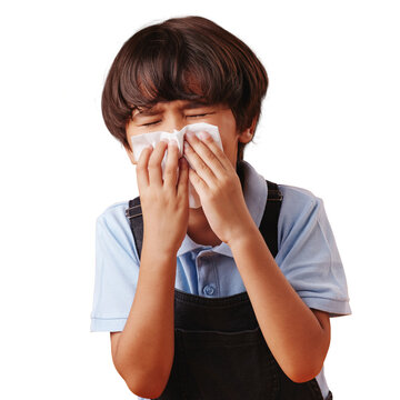 Sick, blowing nose or kid with napkin for allergies, illness and sneezing. isolated on transparent PNG background. Virus bacteria, allergy or young child with hay fever, sinusitis or medical flu