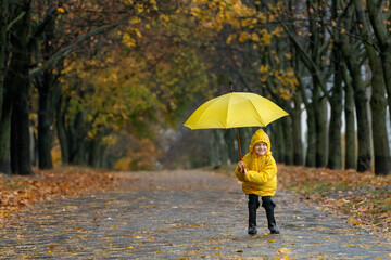 Child in yellow raincoat hide under large yellow umbrella on autumn park background. Rainy day