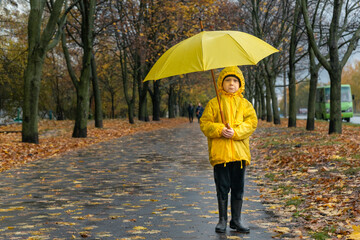 Boy with an umbrella walks in the rain in the autumn park. Sad child on walking