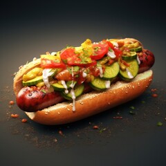 Tasty delicious hot dog on a dark background. Junk food. Generative AI.