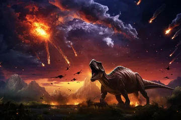 Fotobehang Dinosaurs witness large meteor collision. Generative AI © Vadym