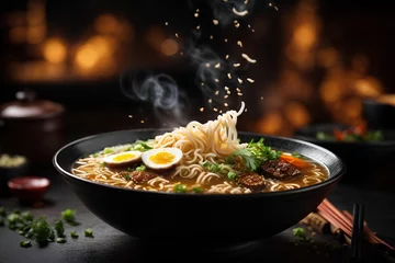 Papier Peint photo autocollant Manger Japanese soup ramen in bowl on dark background. Commercial promotional food photo
